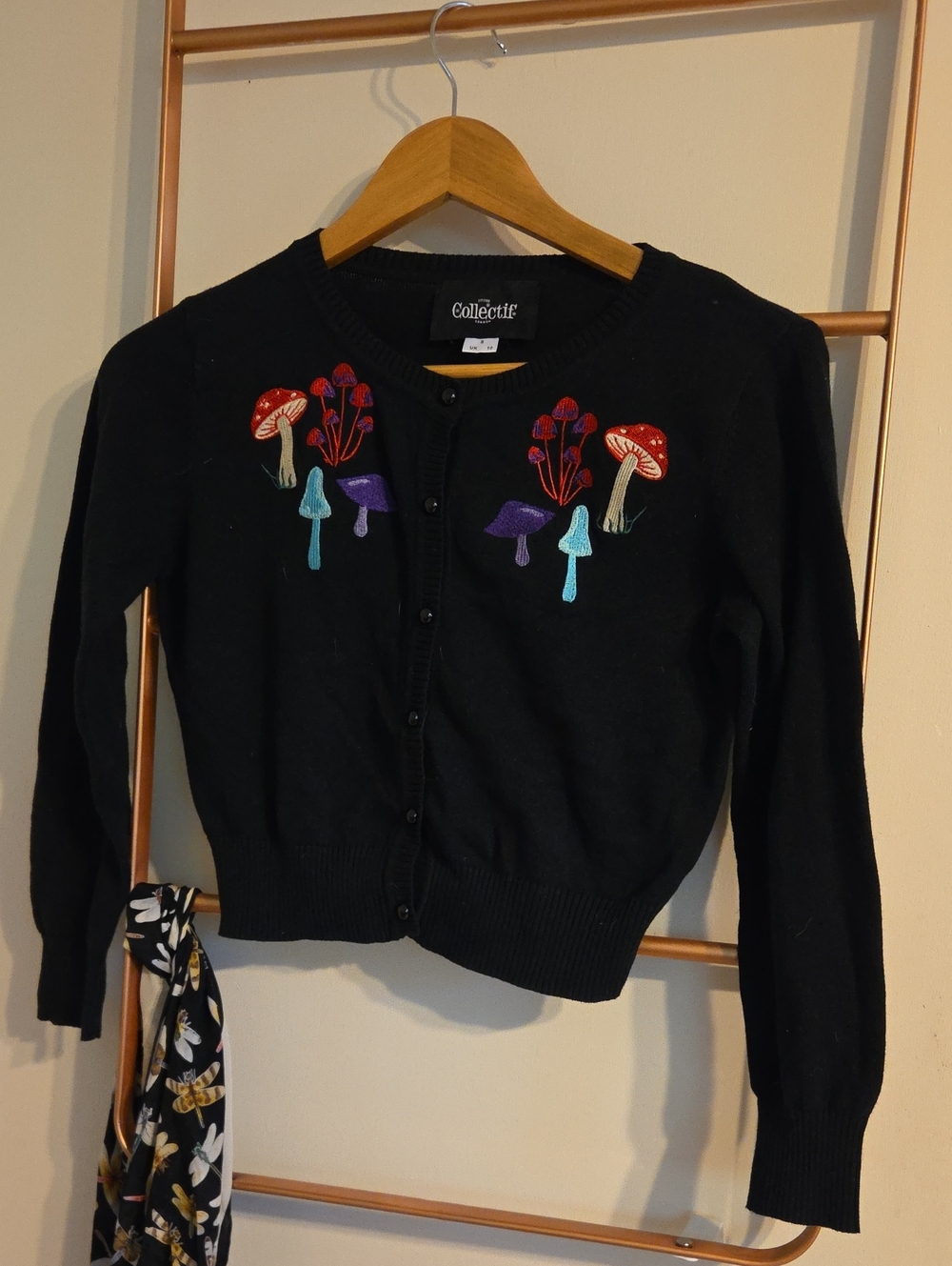 Collectif Black Mushroom Embroidered Cardigan with Red & Purple Accents